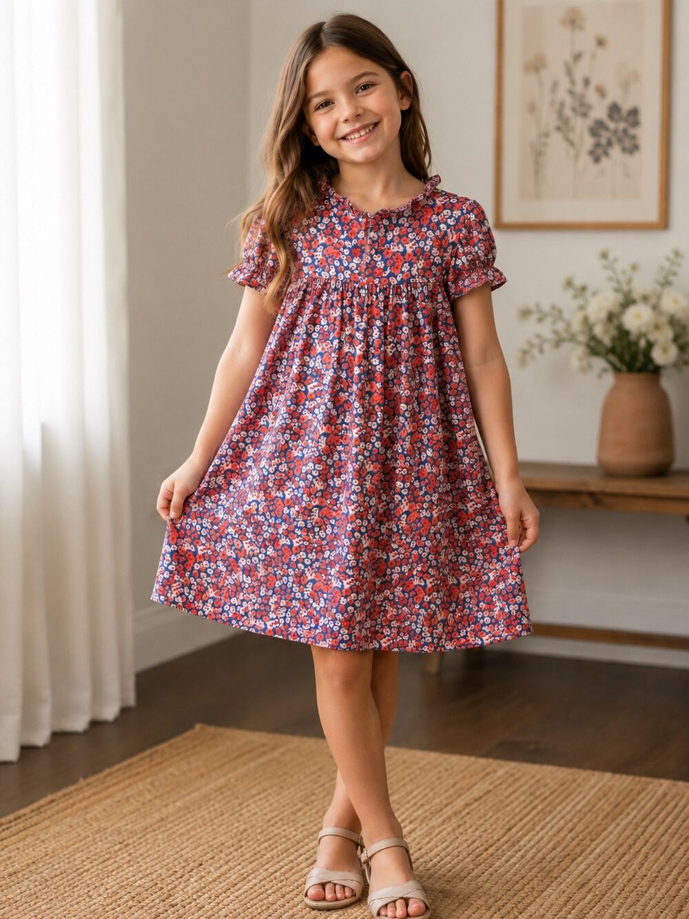 Girls Floral Babydoll Dress Puff Sleeve Blue Pink Size L Good Luck Girl